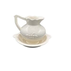 Brim’s vintage white ceramic Pitcher Set 5” T W 6” Round Plate.